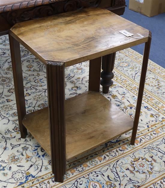 A Deco walnut two tier table W.55cm